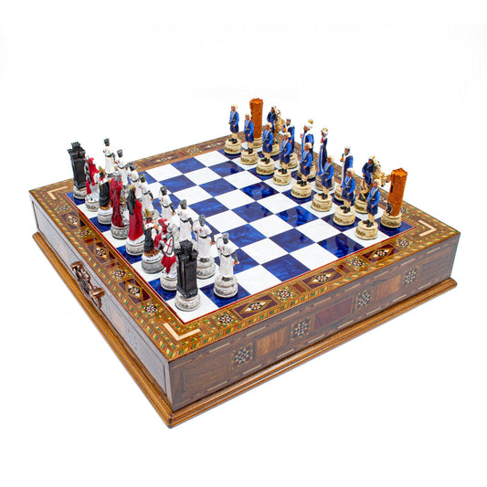 Crusaders vs. Ottomans hand-painted chess set with drawer
