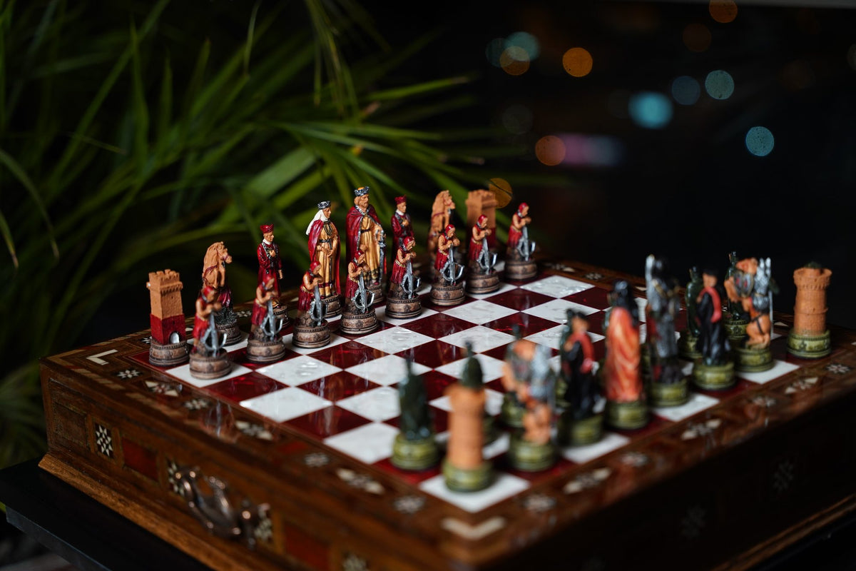 Hand-Painted Chess Set with Drawer