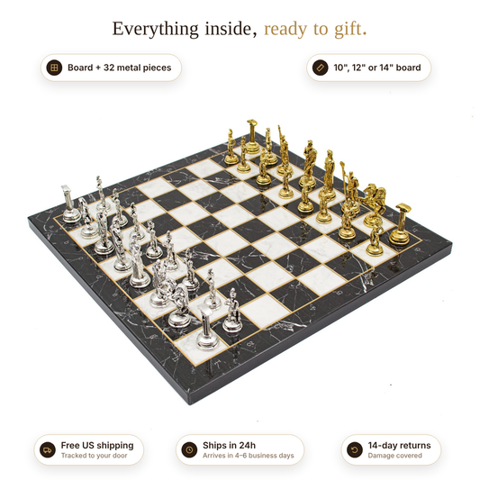 Marble Pattern Chess Set with Roman Metal Pieces – what's included, shipping and returns