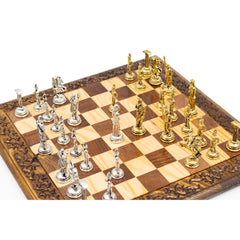 Walnut Chess Board: Silver and Gold Classic Pieces - Ketohandcraft