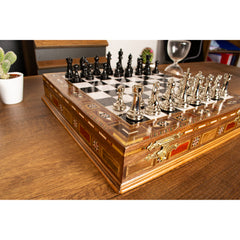Premium Chess Board Set: Black & Silver Metal with Storage - Ketohandcraft