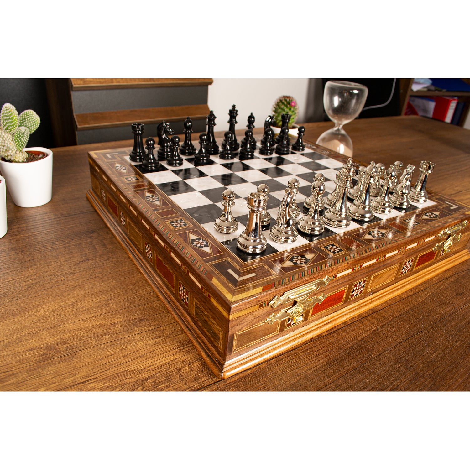 Premium Chess Board Set: Black & Silver Metal with Storage - Ketohandcraft