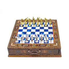Elite Roman Chess Set - Blue: Metal & Walnut - Ketohandcraft