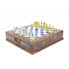 Elite Roman Chess Set - Blue: Metal & Walnut - Ketohandcraft