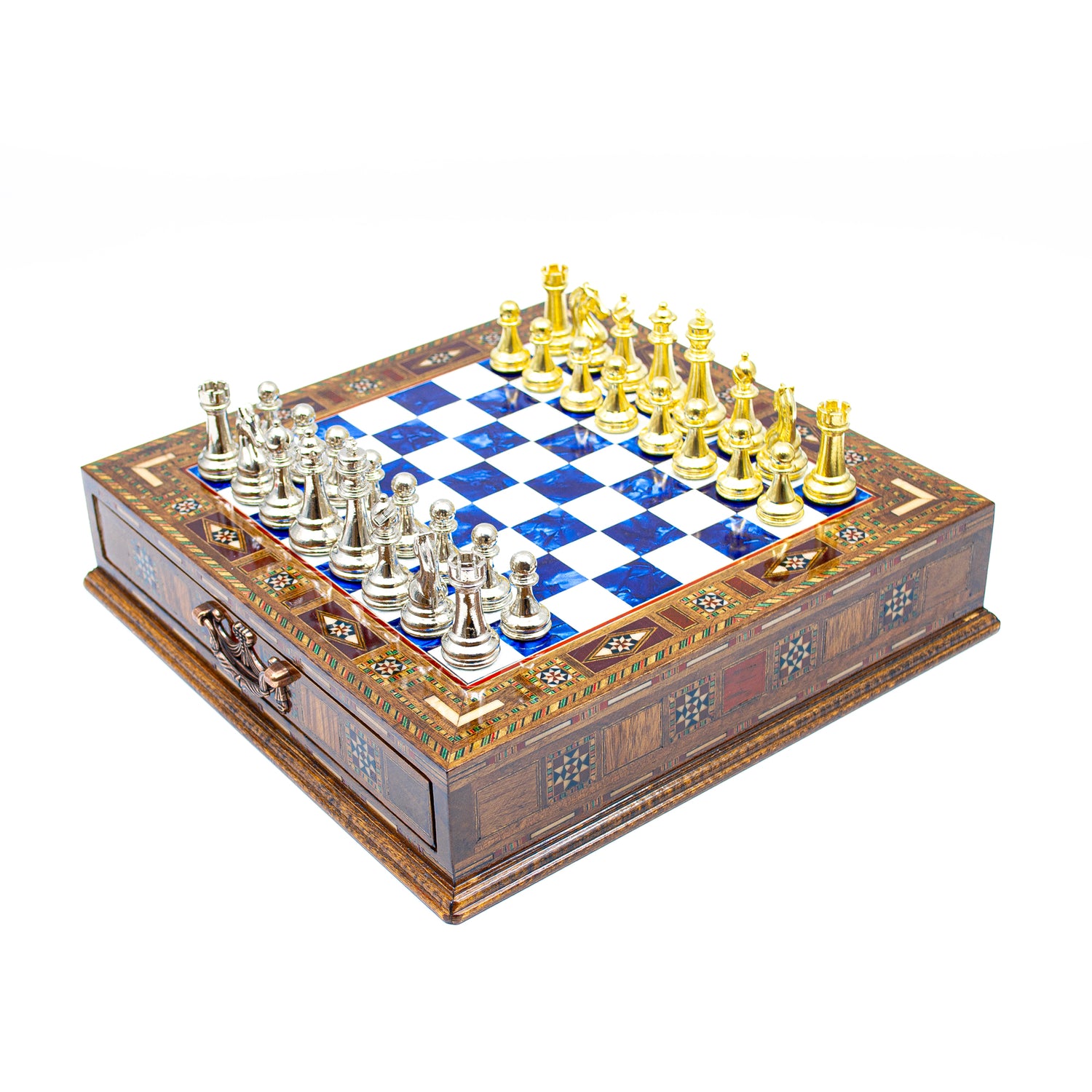Blue Wooden Chess: Unique with Gold & Silver Pieces - Ketohandcraft