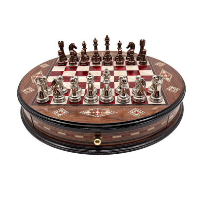 Round Inlaid Chess Board with Drawers