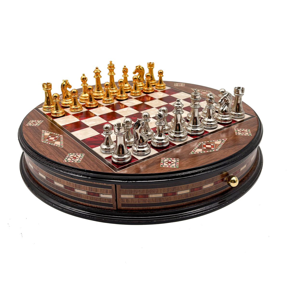 Round Inlaid Chess Board with Drawers