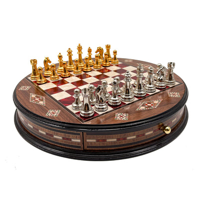 Round Inlaid Chess Board with Drawers