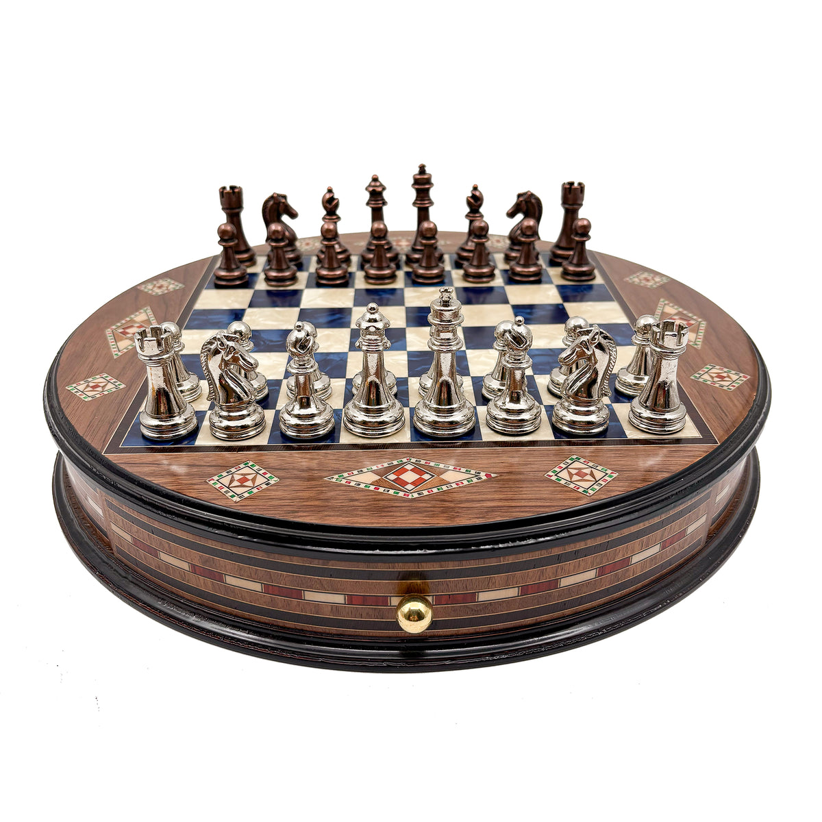 Round Inlaid Chess Board with Drawers
