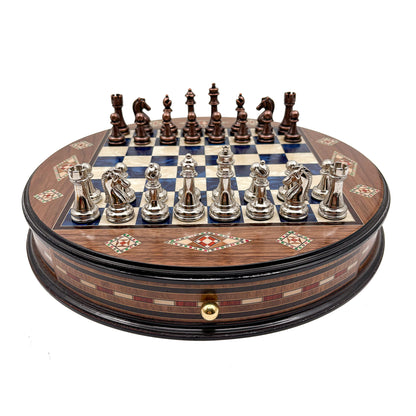 Round Inlaid Chess Board with Drawers
