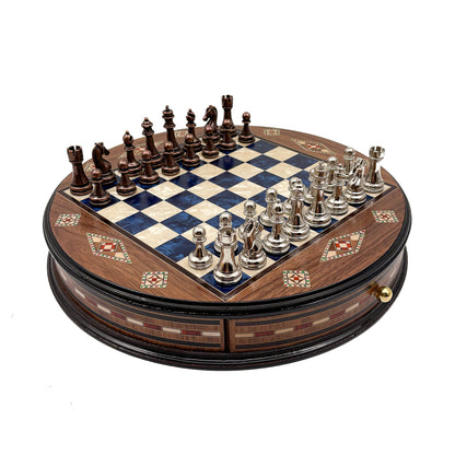 Round Inlaid Chess Board with Drawers