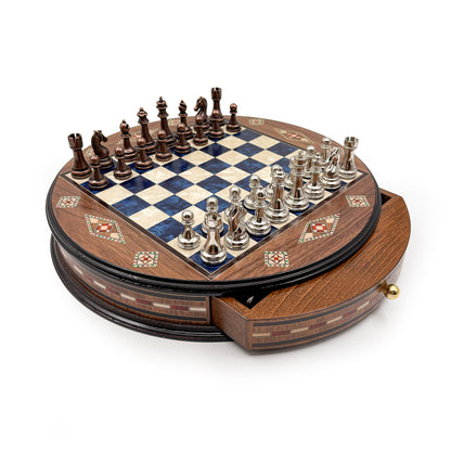 Round Inlaid Chess Board with Drawers
