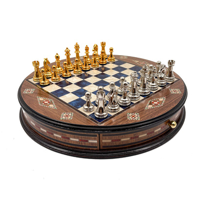 Round Inlaid Chess Board with Drawers