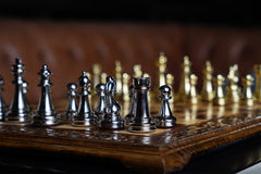 Classic Walnut Chess Set: Hand-Carved with Gold and Silver Pieces - Ketohandcraft