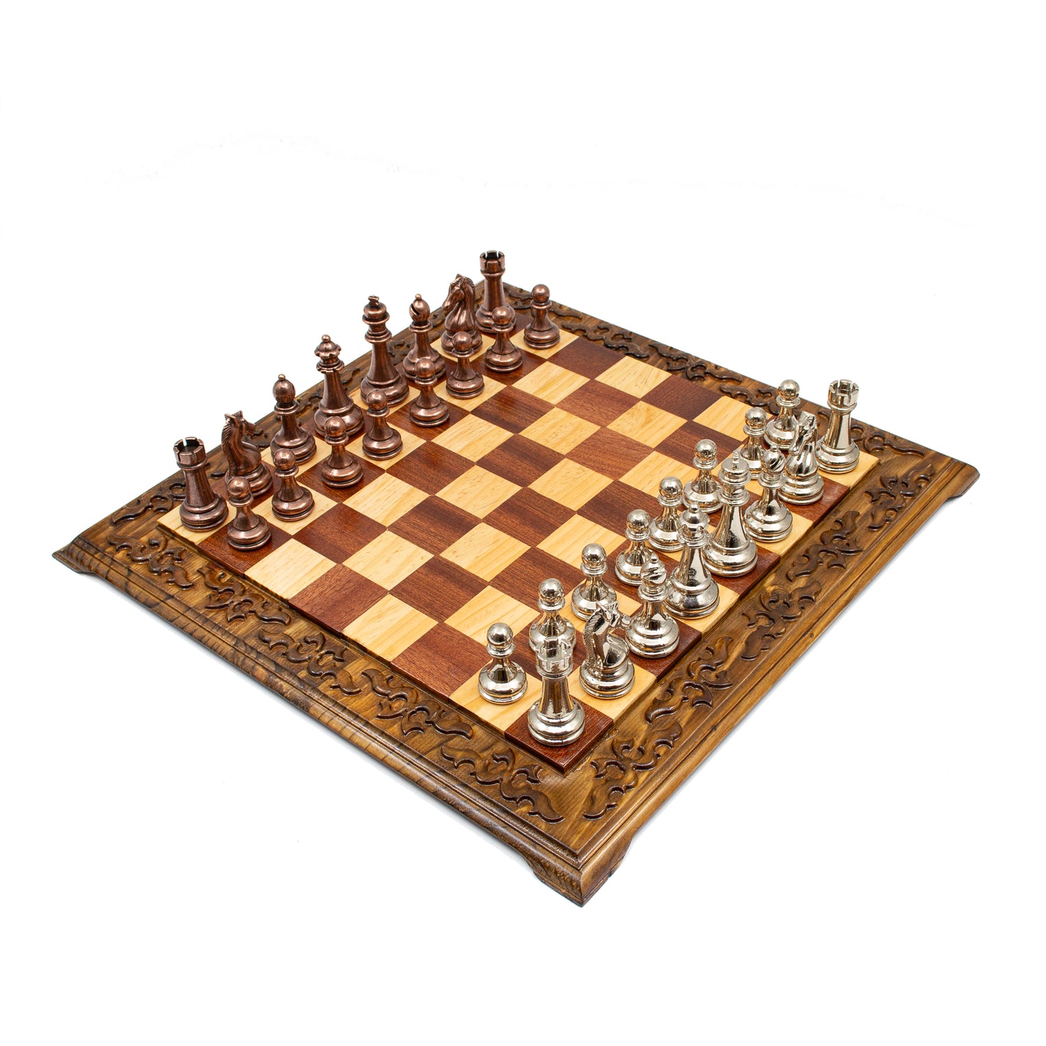 Classic Walnut Chess Set: Hand-Carved with Copper and Silver Pieces - Ketohandcraft