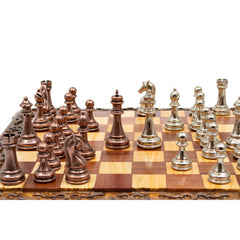 Classic Walnut Chess Set: Hand-Carved with Copper and Silver Pieces - Ketohandcraft