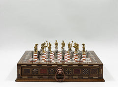Elite Roman Chess Set - Red: Metal & Walnut - Ketohandcraft