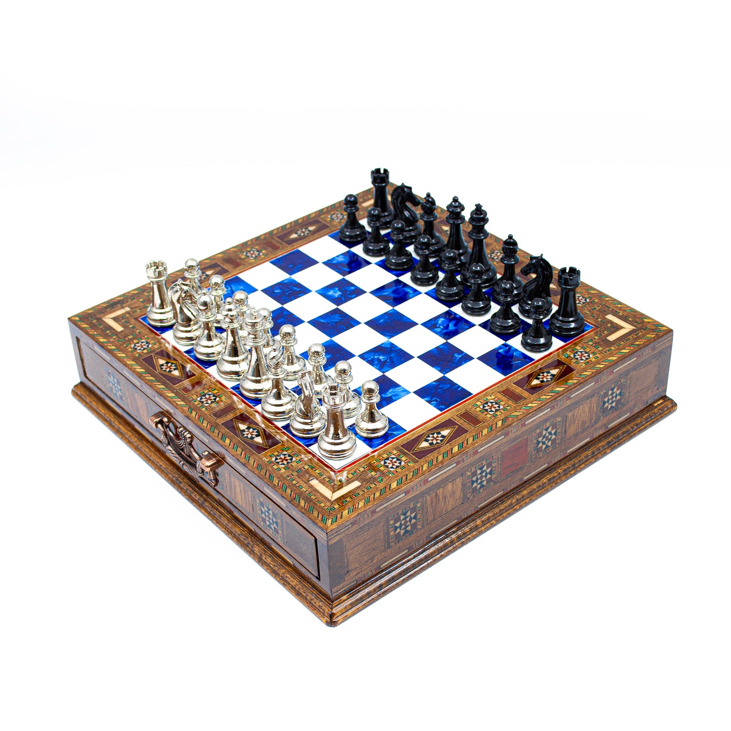 Blue Wooden Chess: Unique with Storage - Ketohandcraft