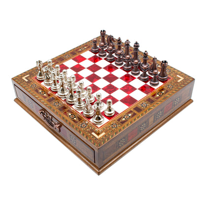 Classic Metal Chess Set 38 cm – Red board, Copper & Silver pieces