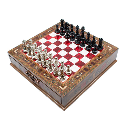 Classic Metal Chess Set 38 cm – Red board, Black & Silver pieces
