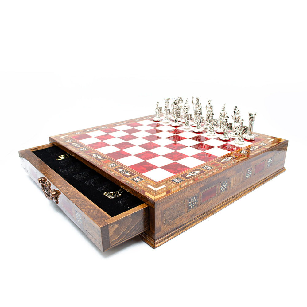 Handmade Chess Set - Red: Premium Wood with Metal Pieces - Ketohandcraft