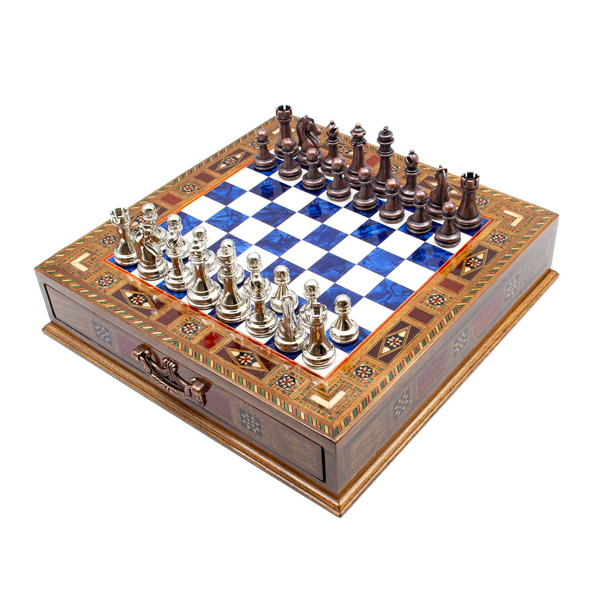 Classic Metal Chess Set 38 cm – Blue board, Copper & Silver pieces