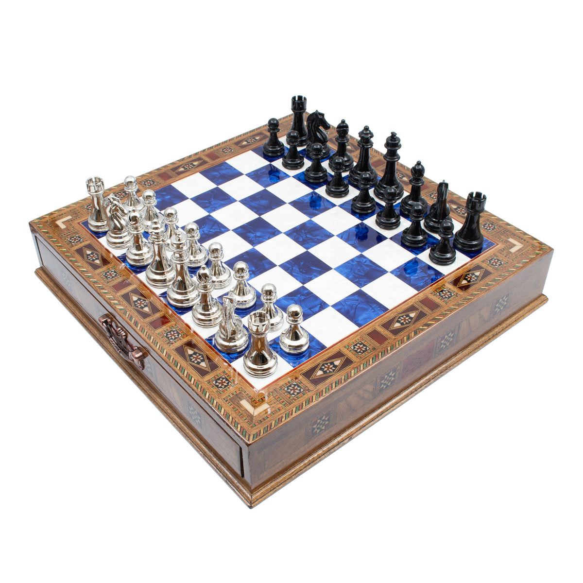 Classic Metal Chess Set 38 cm – Blue board, Black & Silver pieces