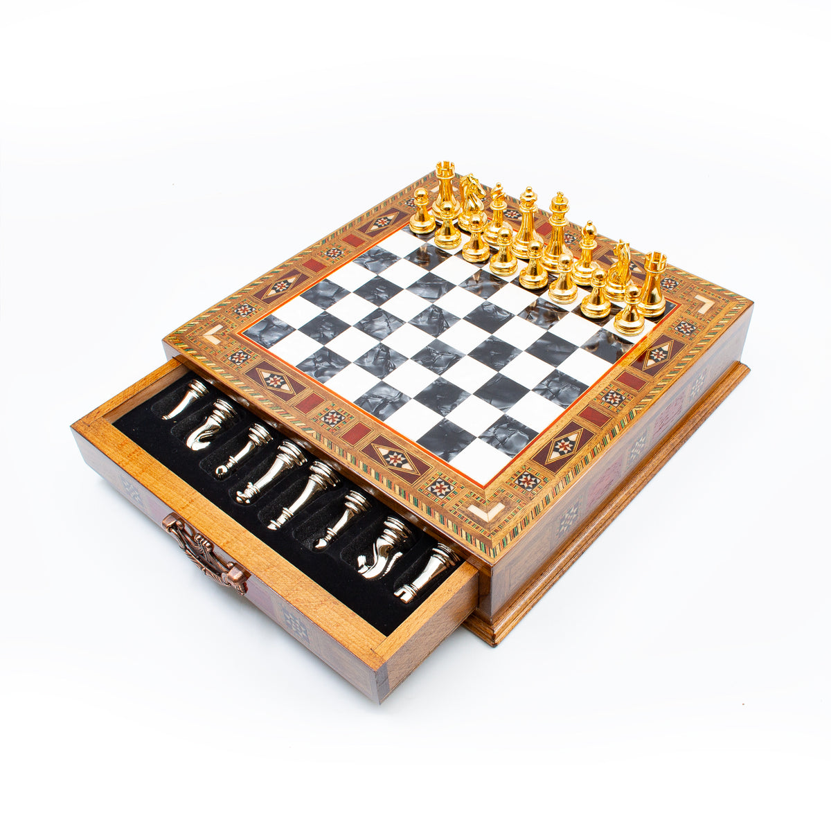 Classic Metal Chess Set 38 cm – Black board, Gold & Silver pieces