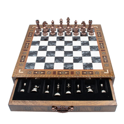 Classic Metal Chess Set 38 cm – Black board, Copper & Silver pieces