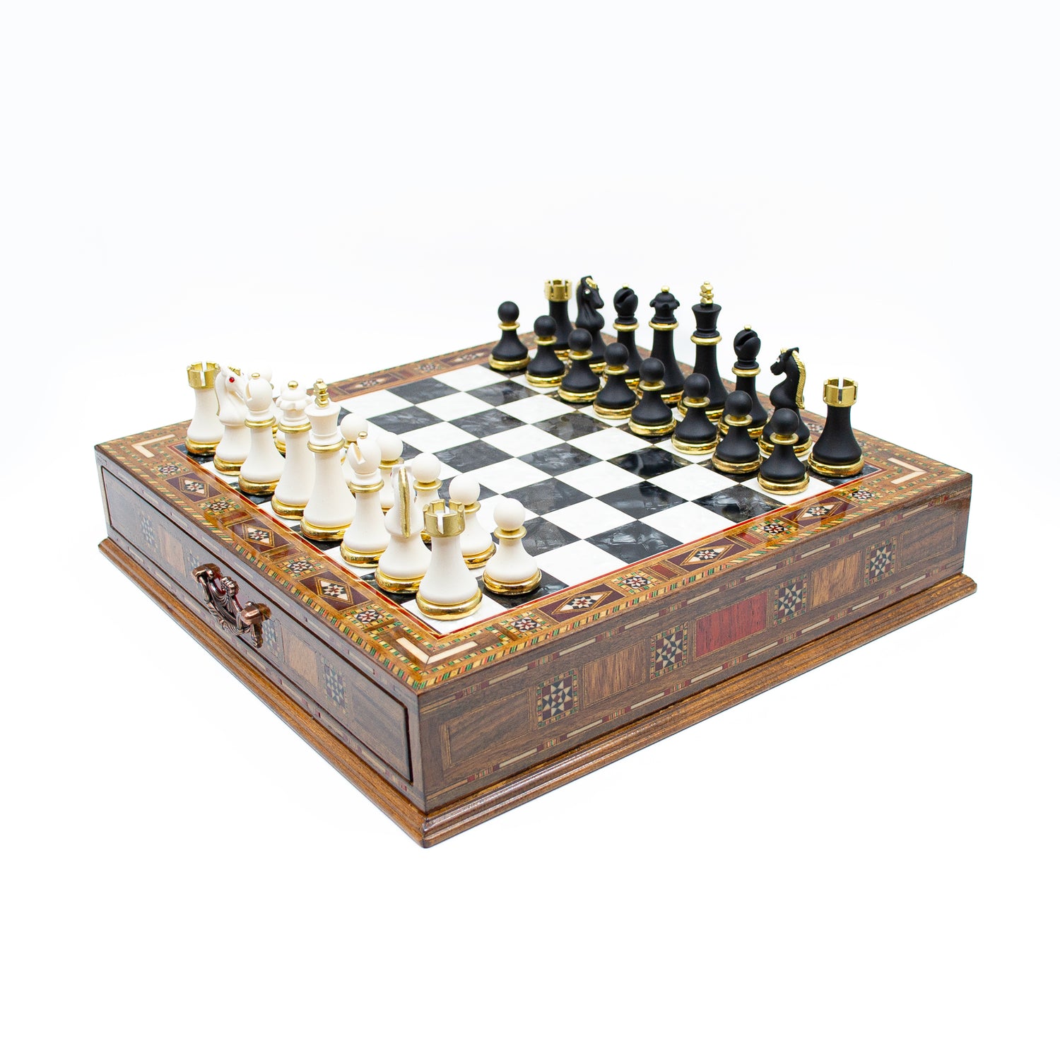 Unique Wooden Chess Set: Black & Silver with Drawer - Ketohandcraft