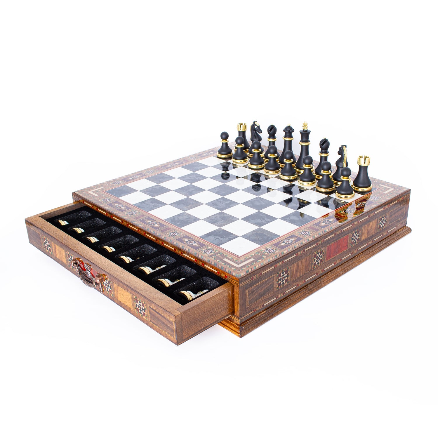 Unique Wooden Chess Set: Black & Silver with Drawer - Ketohandcraft