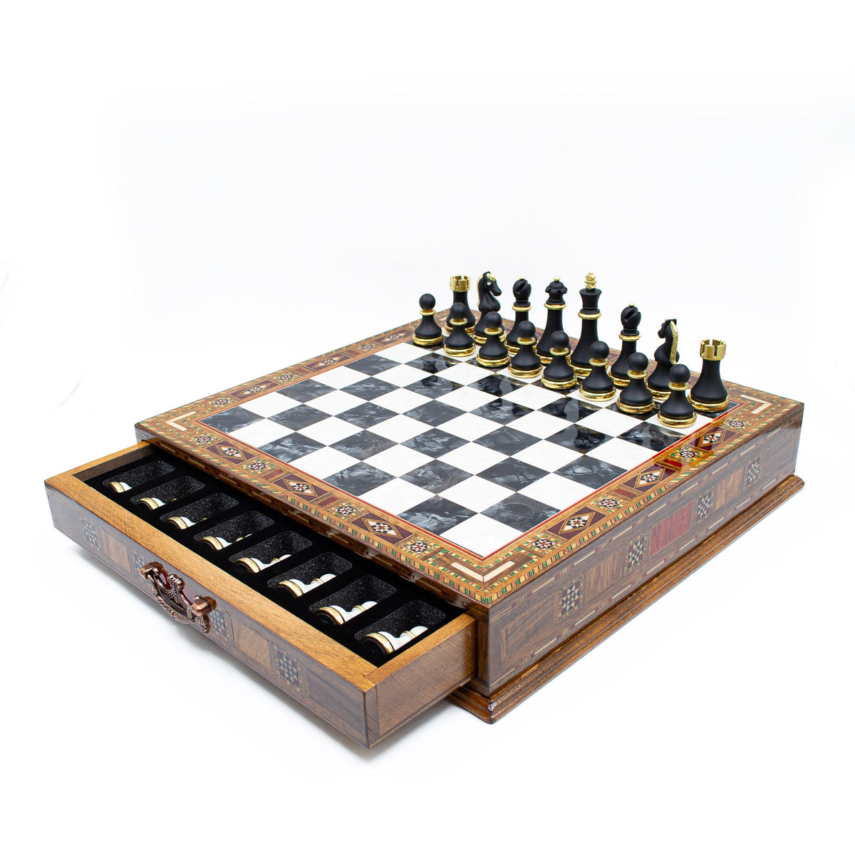 Black & Silver Chess Set with Drawer