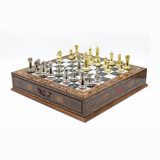 Classic chess set, black board, gold and silver pieces, 38 cm