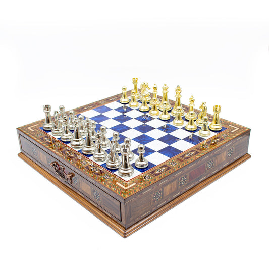 Classic chess set, blue board, gold and silver pieces, 38 cm