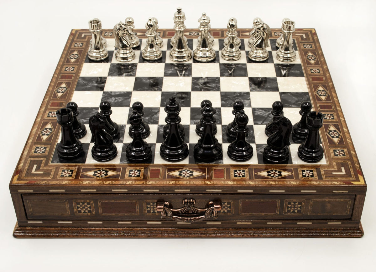 Classic Metal Chess Set with Storage Drawer