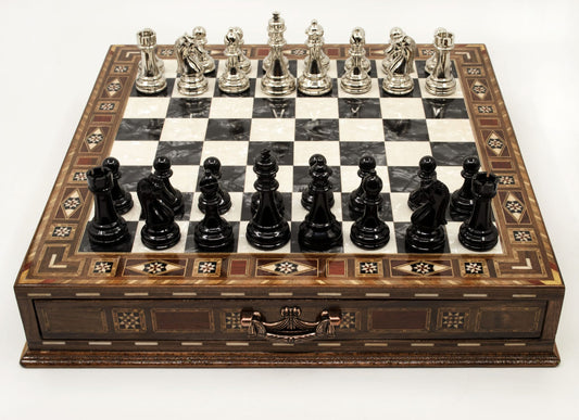 Classic Metal Chess Set with Storage Drawer