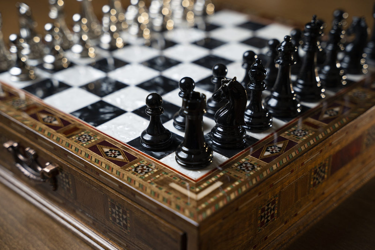 Classic Metal Chess Set with Storage Drawer