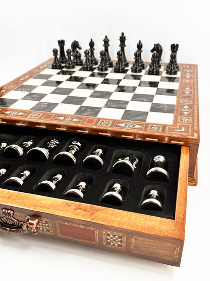 Classic Metal Chess Set with Storage Drawer