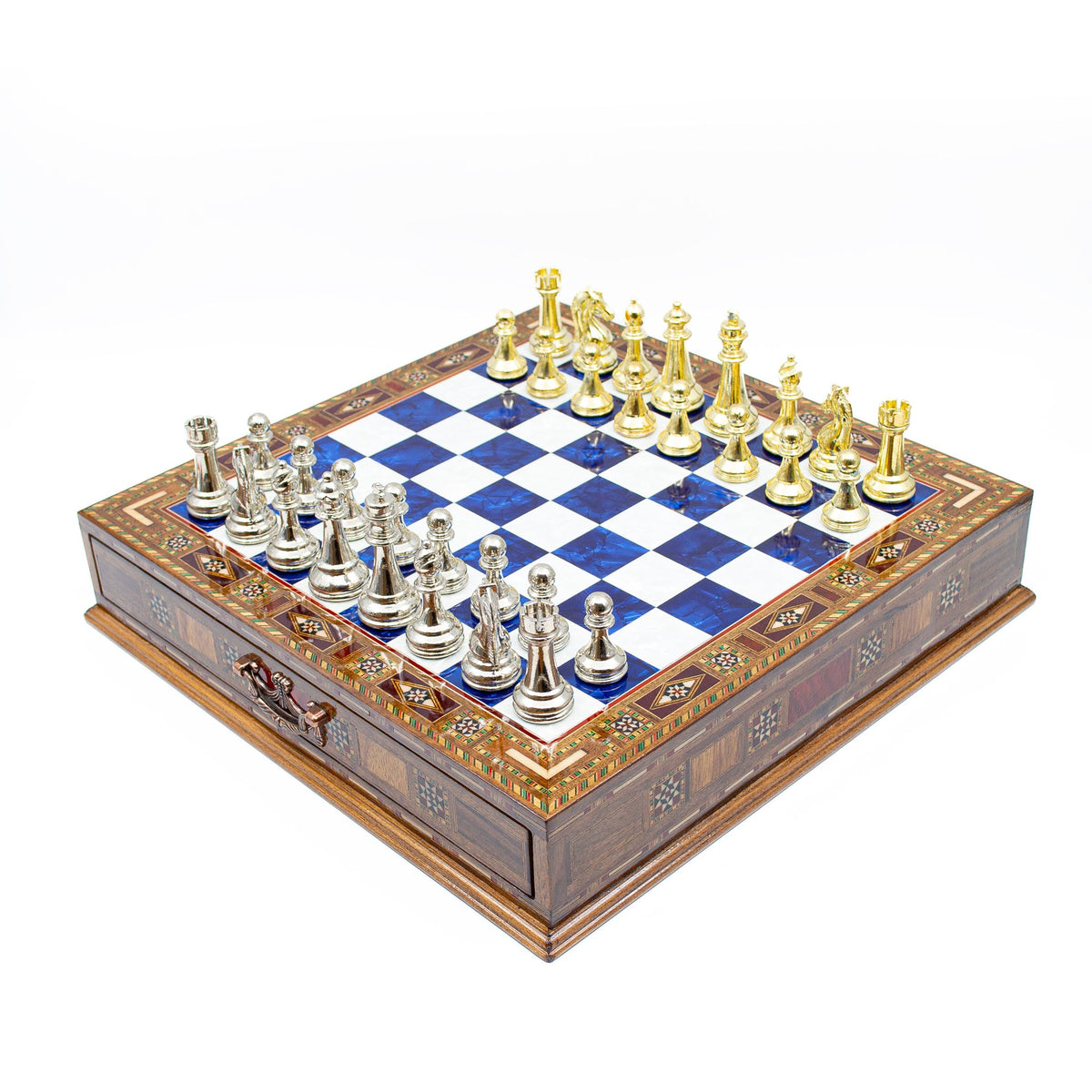 Classic Metal Chess Set with Storage Drawer