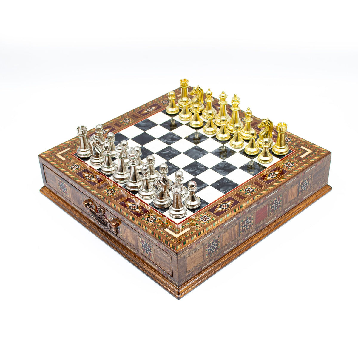 Classic Metal Chess Set with Storage Drawer