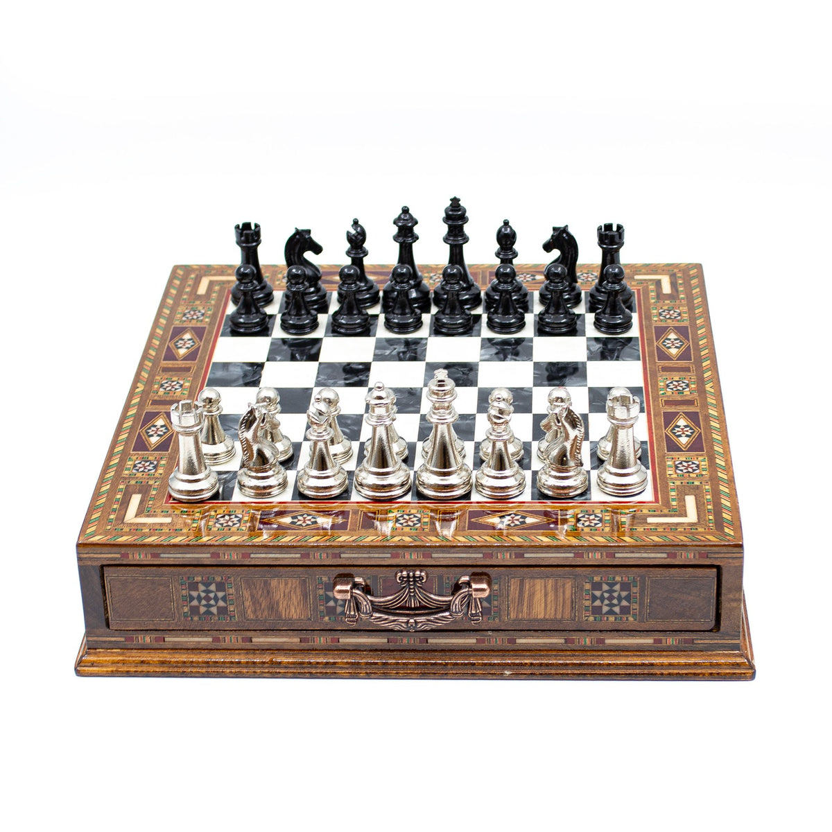 Classic Metal Chess Set with Storage Drawer
