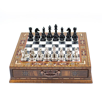 Classic Metal Chess Set with Storage Drawer