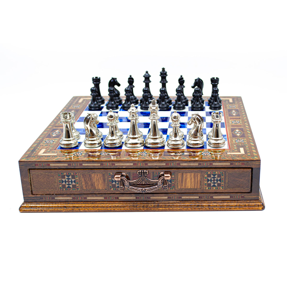 Classic Metal Chess Set with Storage Drawer