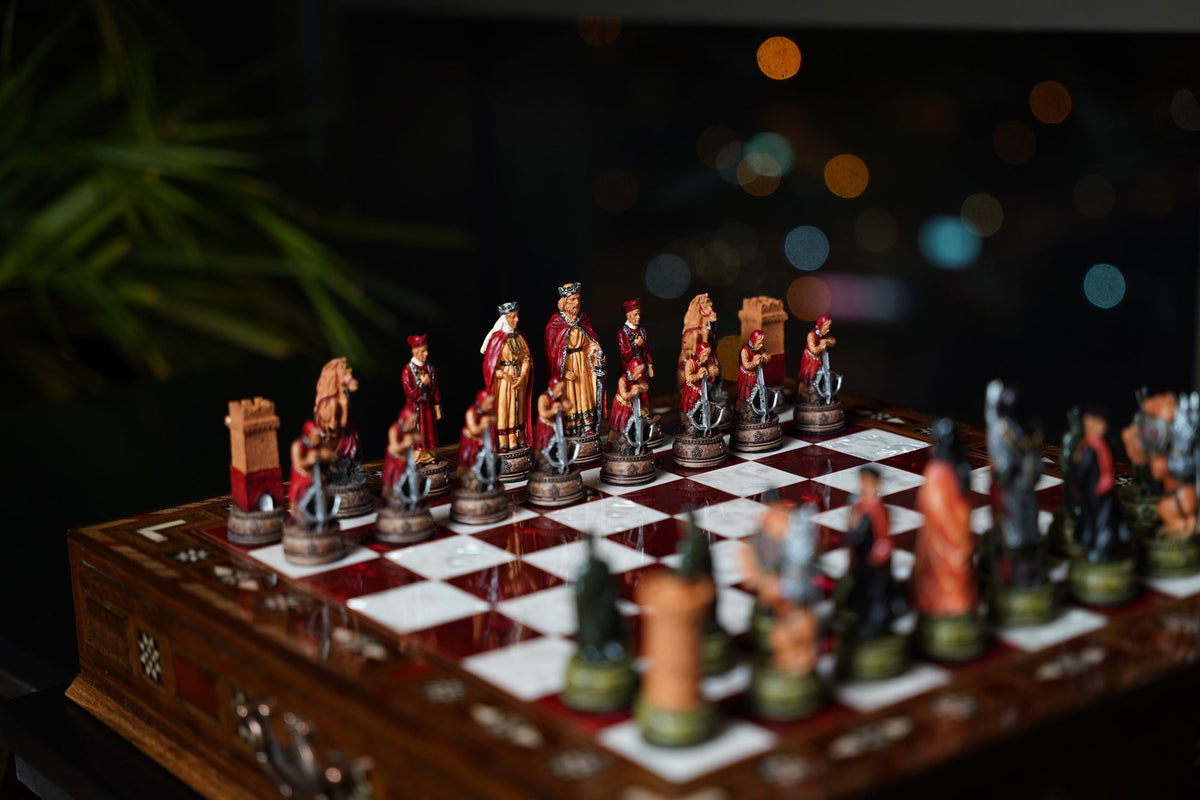 Hand-Painted Chess Set with Drawer