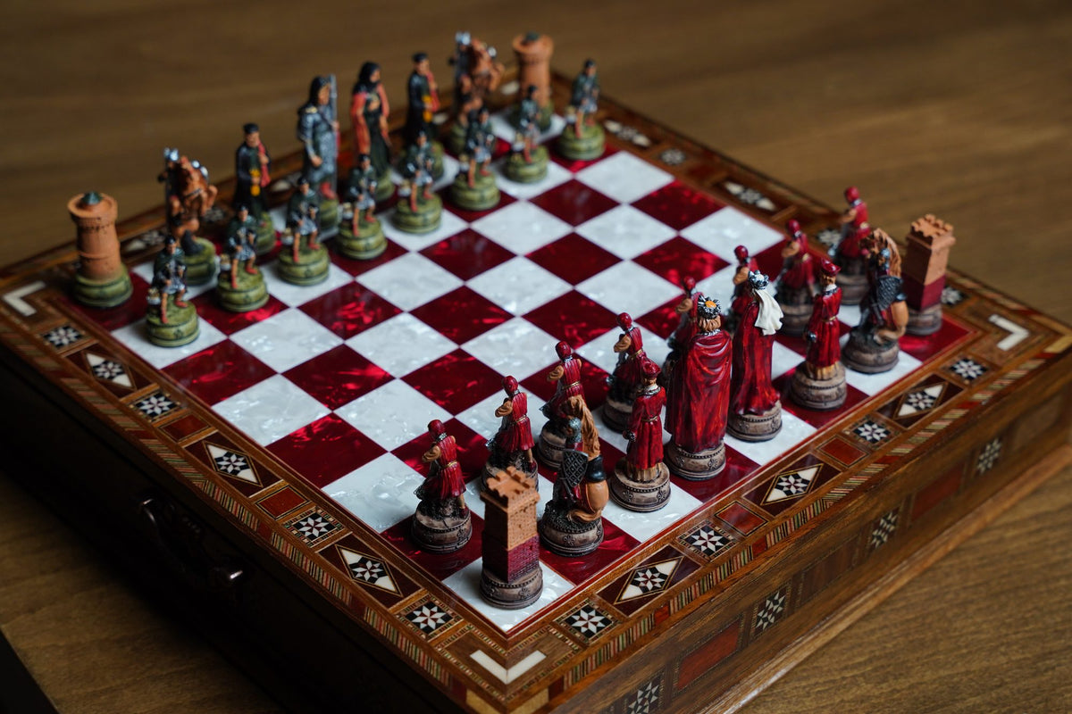 Hand-Painted Chess Set with Drawer