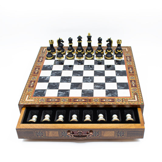 Luxury Chess Set with Drawer – Ivory & Black – front view with the drawer open