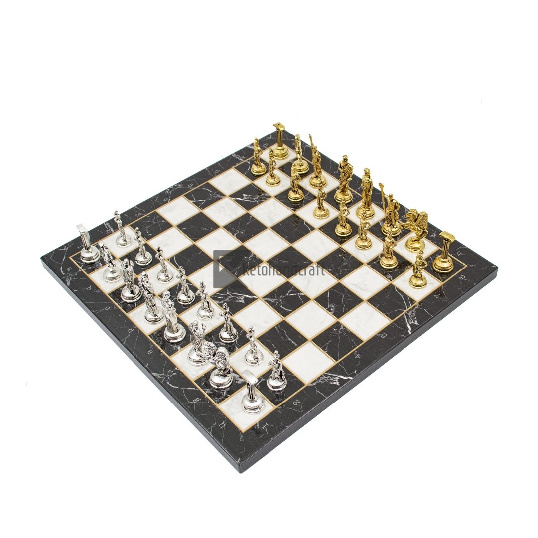Marble Pattern Chess Set with Roman Metal Pieces