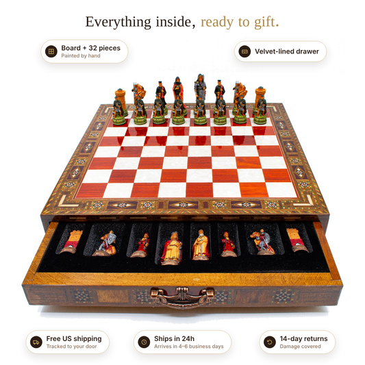 Hand-Painted Chess Set with Drawer – what's included, shipping and returns