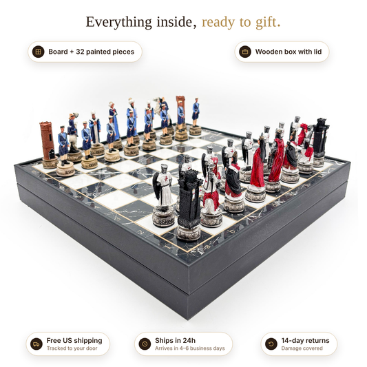 Hand-Painted Chess Set in Wooden Box – what's included, shipping and returns