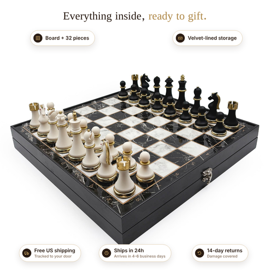Black & White Chess Set – Metal Pieces – what's included, shipping and returns